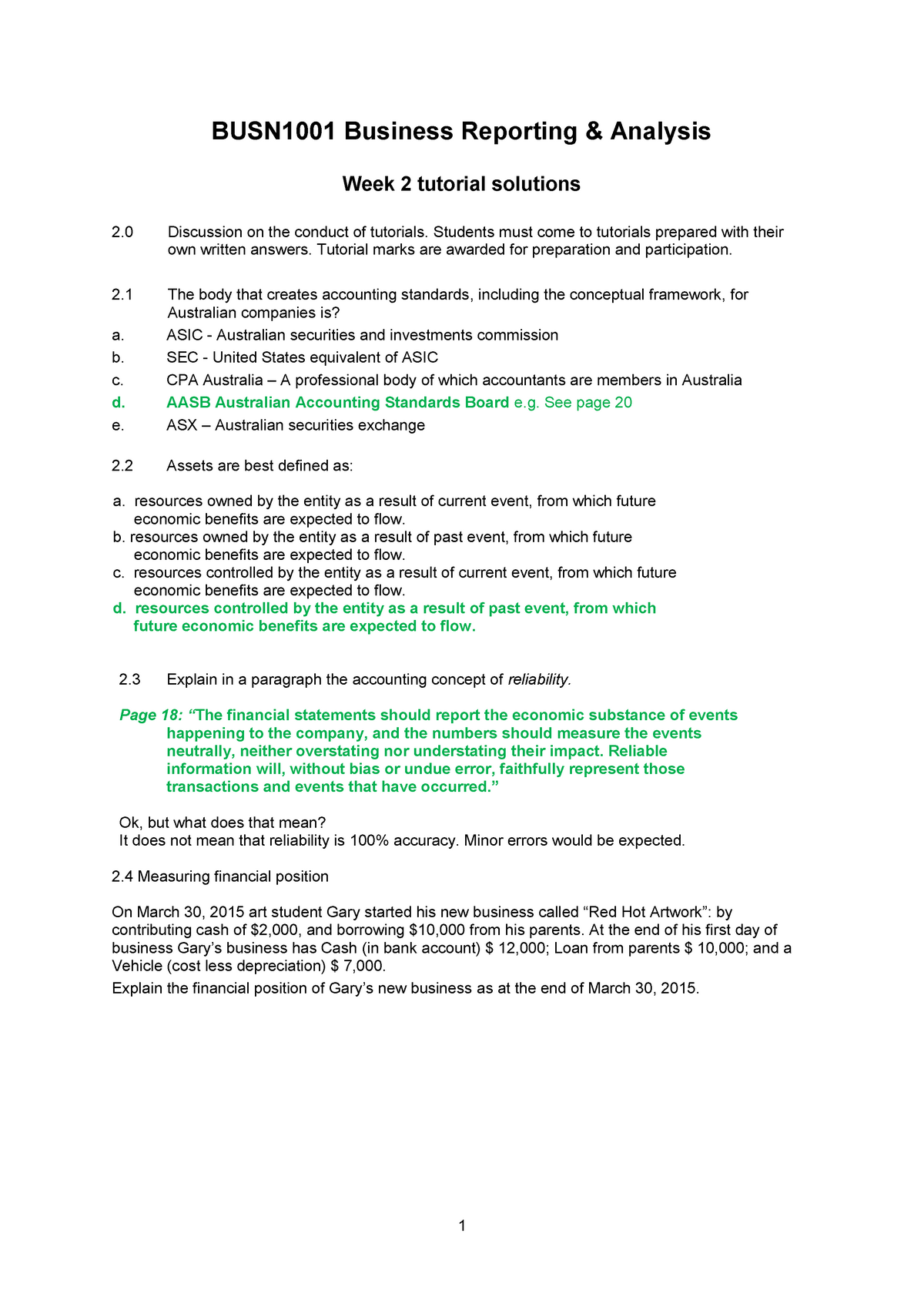 Tutorial Work - Week 2 - 6, 8 - 13 - BUSN1001 Business Reporting ...