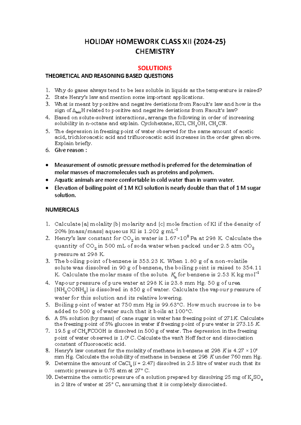 chemistry holiday homework class 12