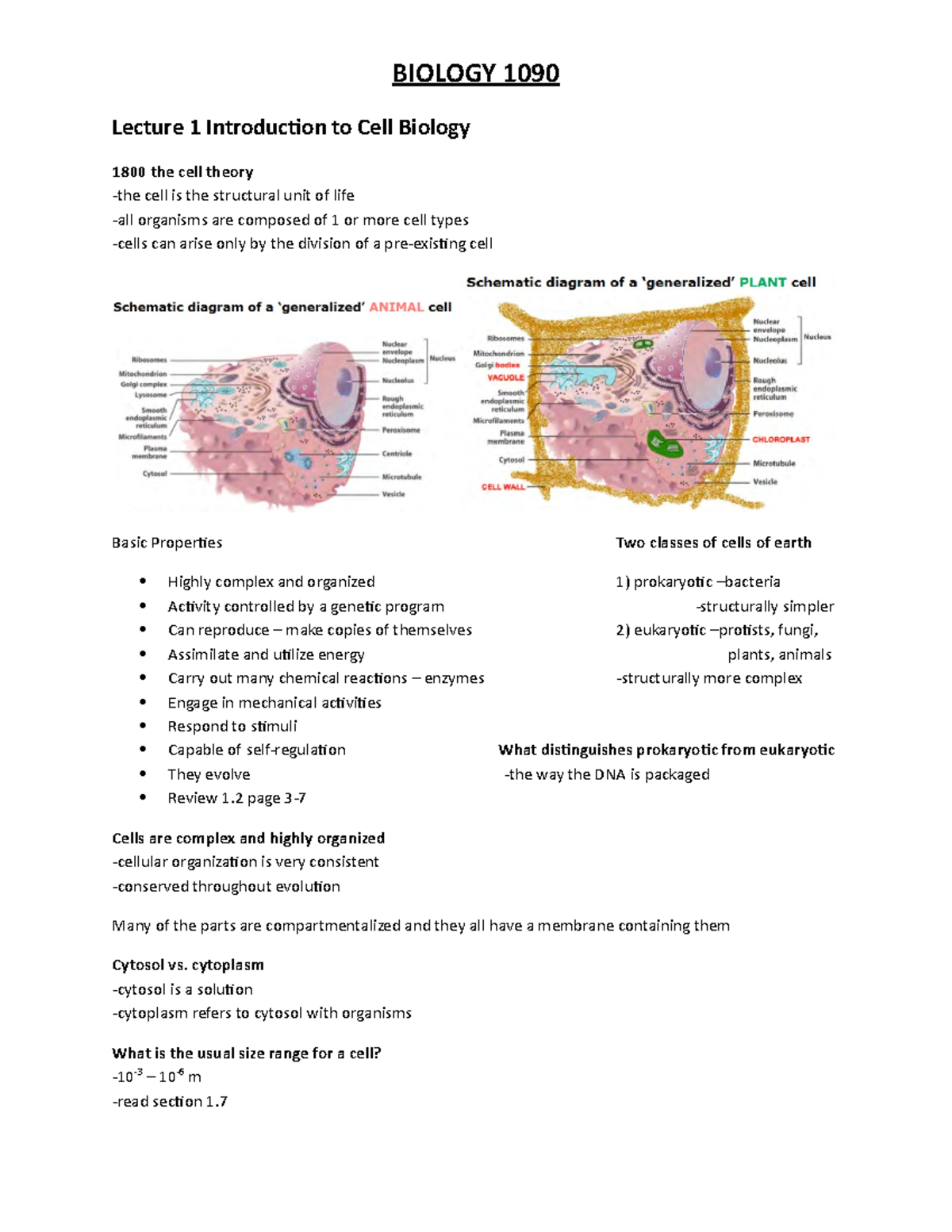 Part 2 Lecture 1 Introduction To Cell Biology - BIOLOGY 1090 Lecture 1 ...