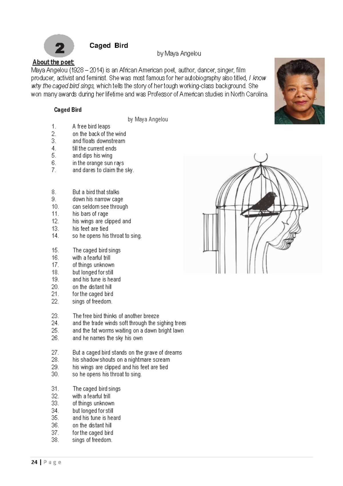 Caged Bird Maya Angelou - Caged Bird By Maya Angelou About The Poet ...