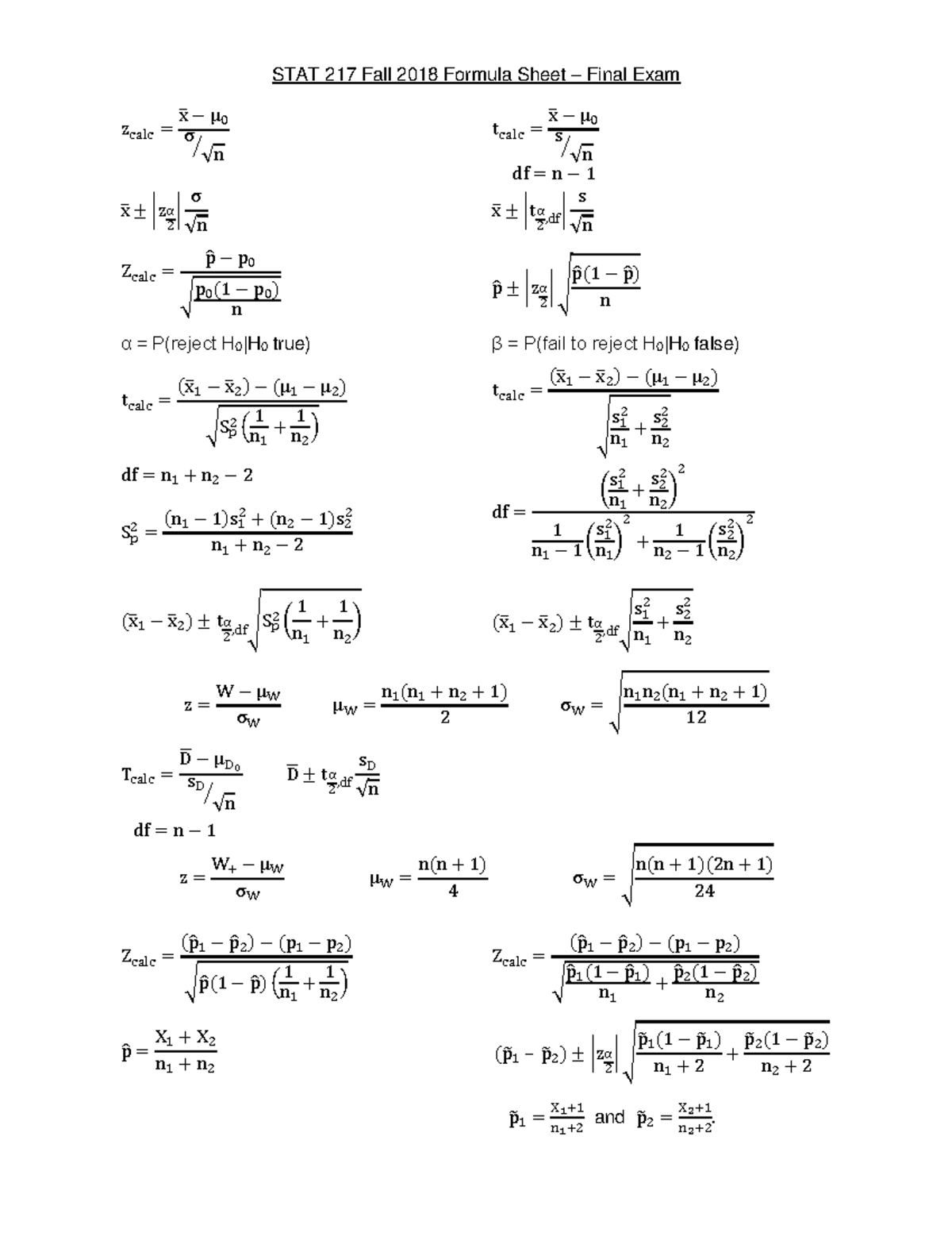 STAT 217 Fall 2018 Formula Sheet - Studocu