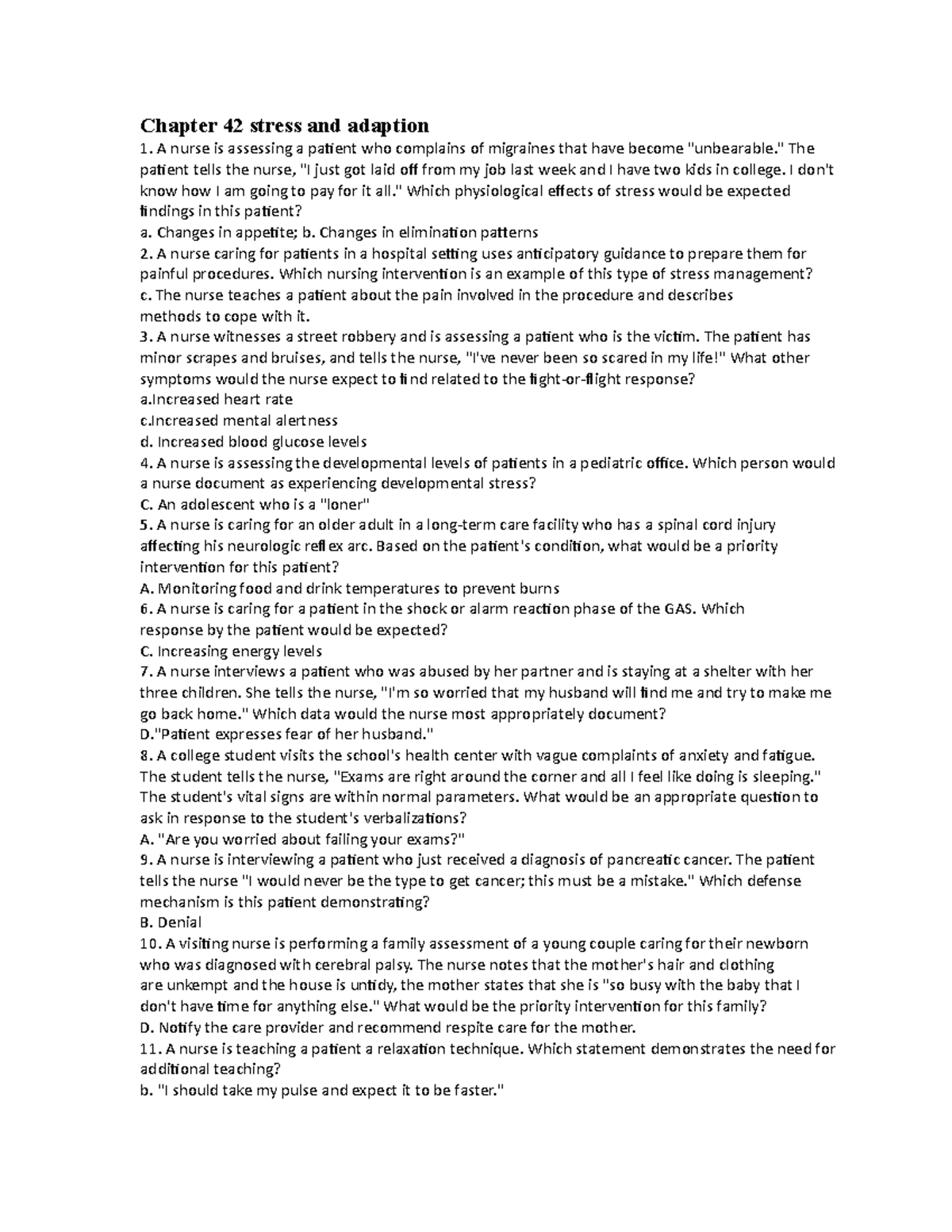 Stress and adaption nursing course work - Chapter 42 stress and ...