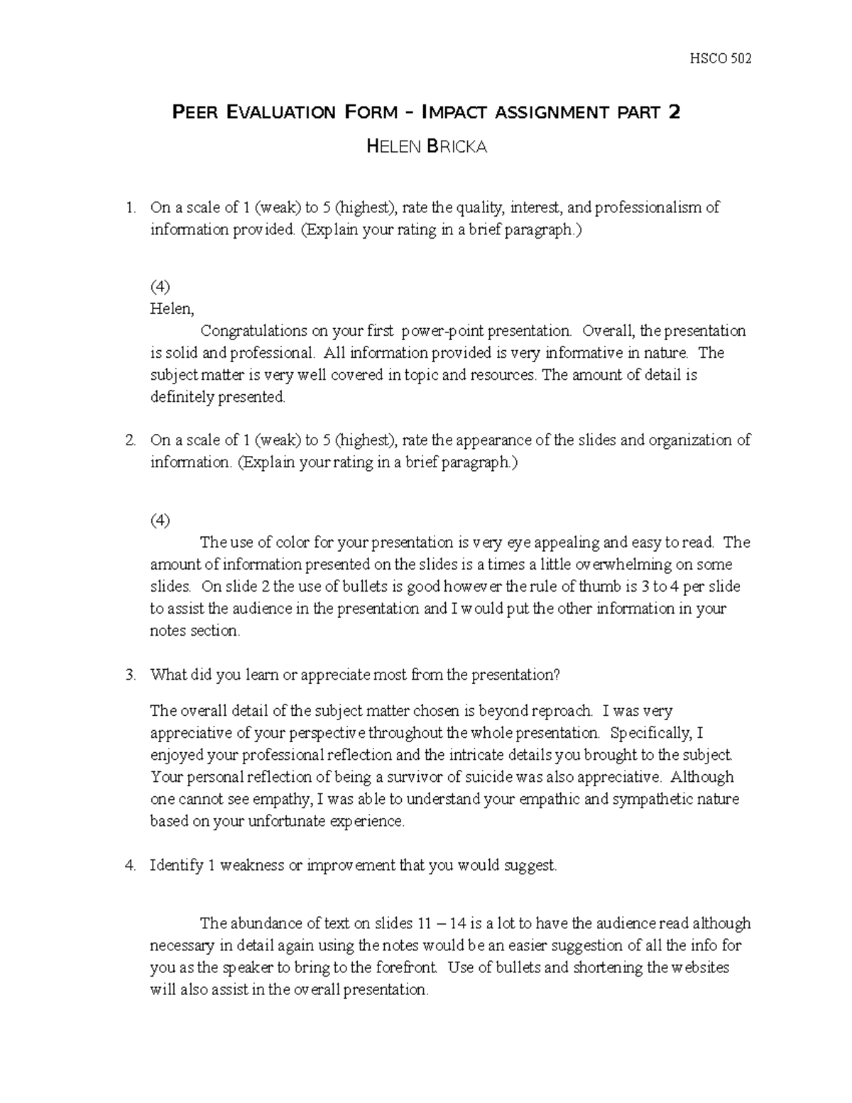Peer Evaluation Form HB - HSCO 502 PEER EVALUATION FORM – IMPACT ...