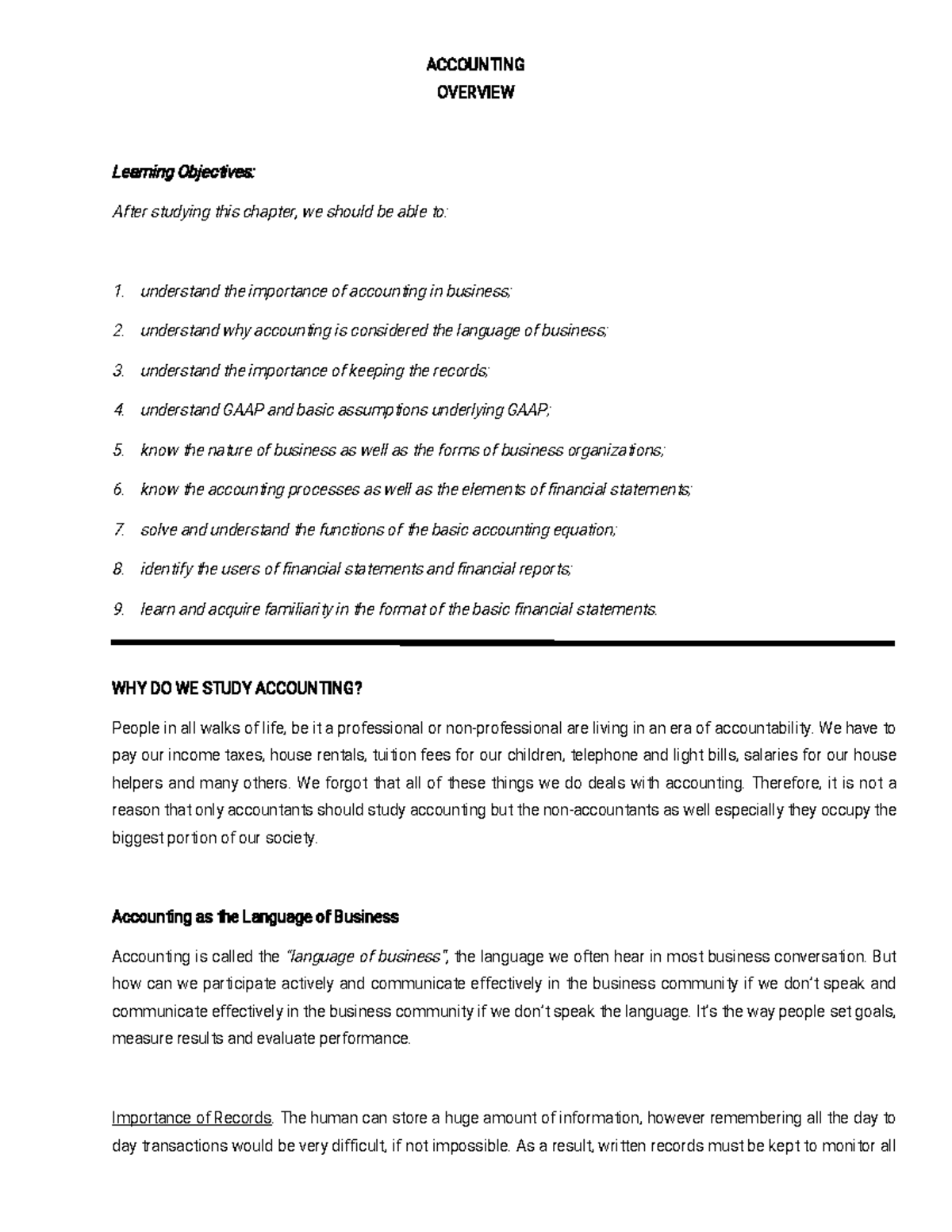Module 1 Accounting Overview A C C O U N T I N G O V E R V I E W L E