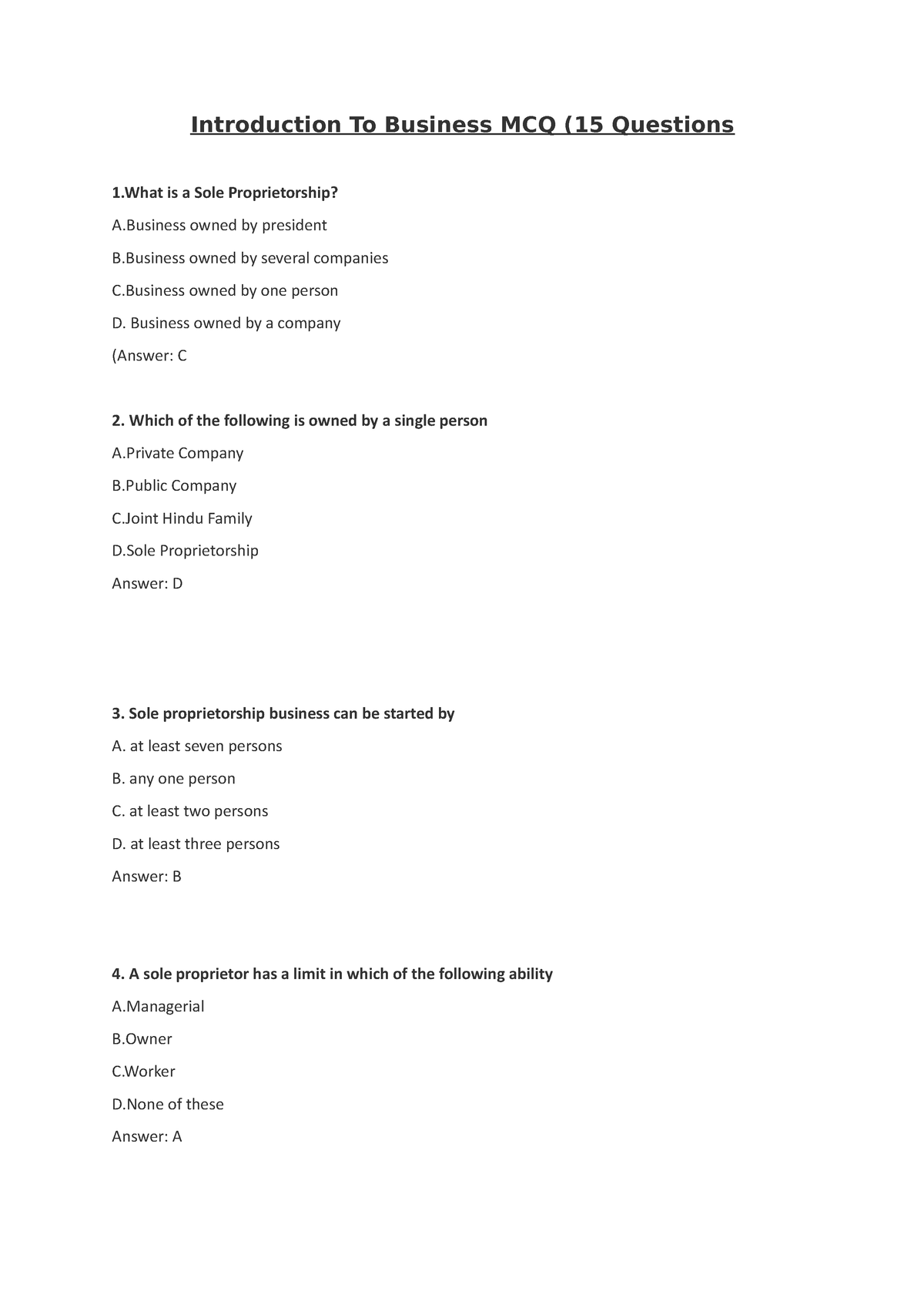 mcq questions on business plan