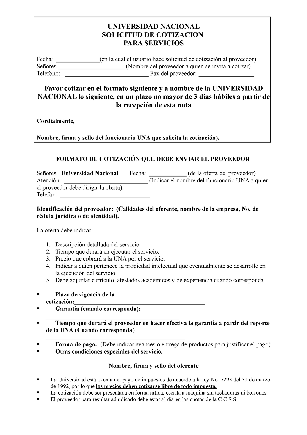 Modelo DE Solicitud DE Cotización No. 2 ( Servicios).278 - UNIVERSIDAD  NACIONAL SOLICITUD DE - Studocu