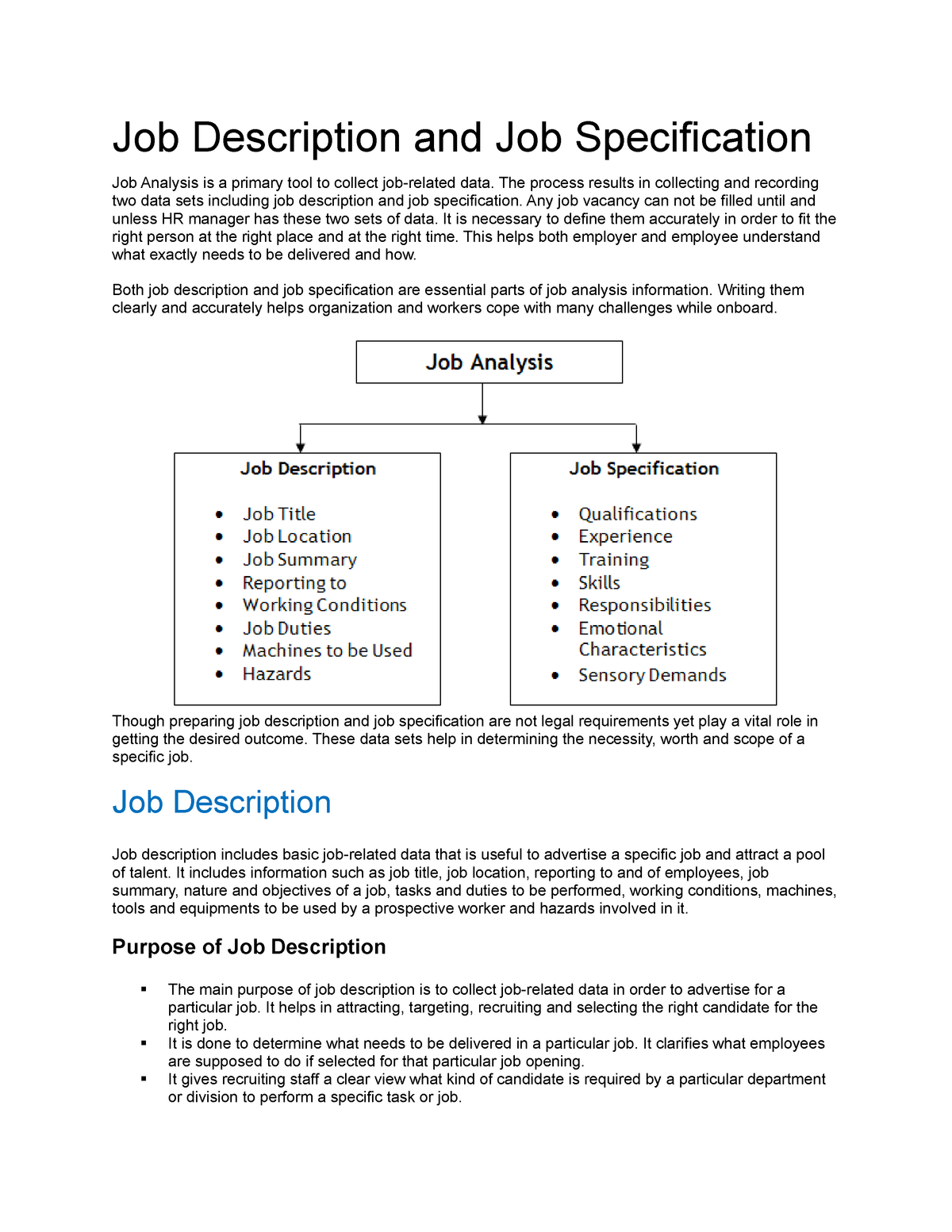 Job Description And Job Specification The Process Results In 