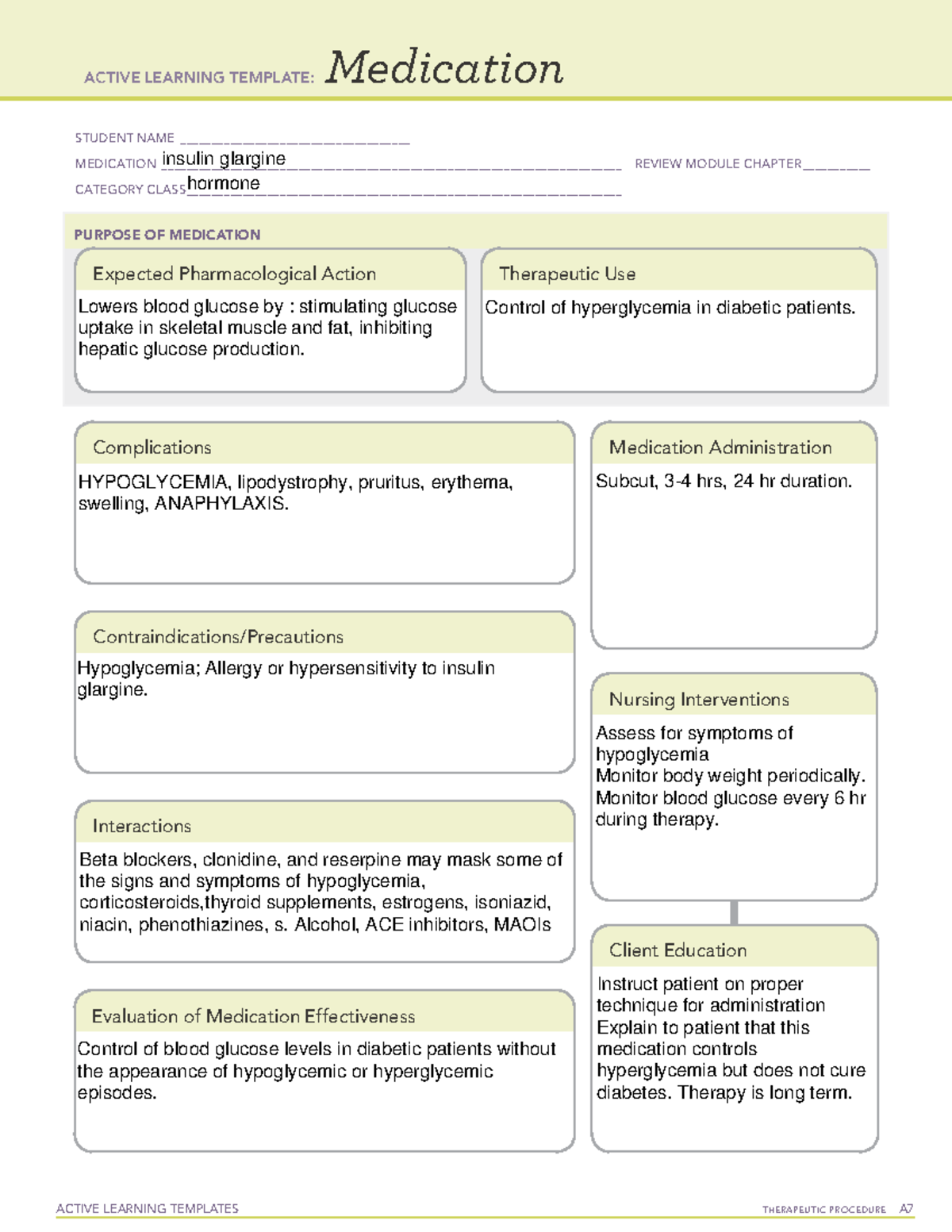 Insulin Glargine Medication Template