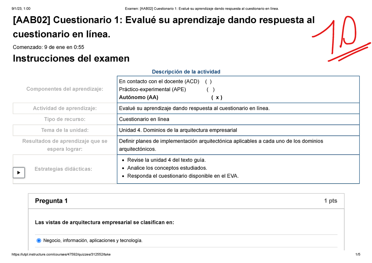 Examen [AAB02] Cuestionario 1 Evalué Su Aprendizaje Dando Respuesta Al ...