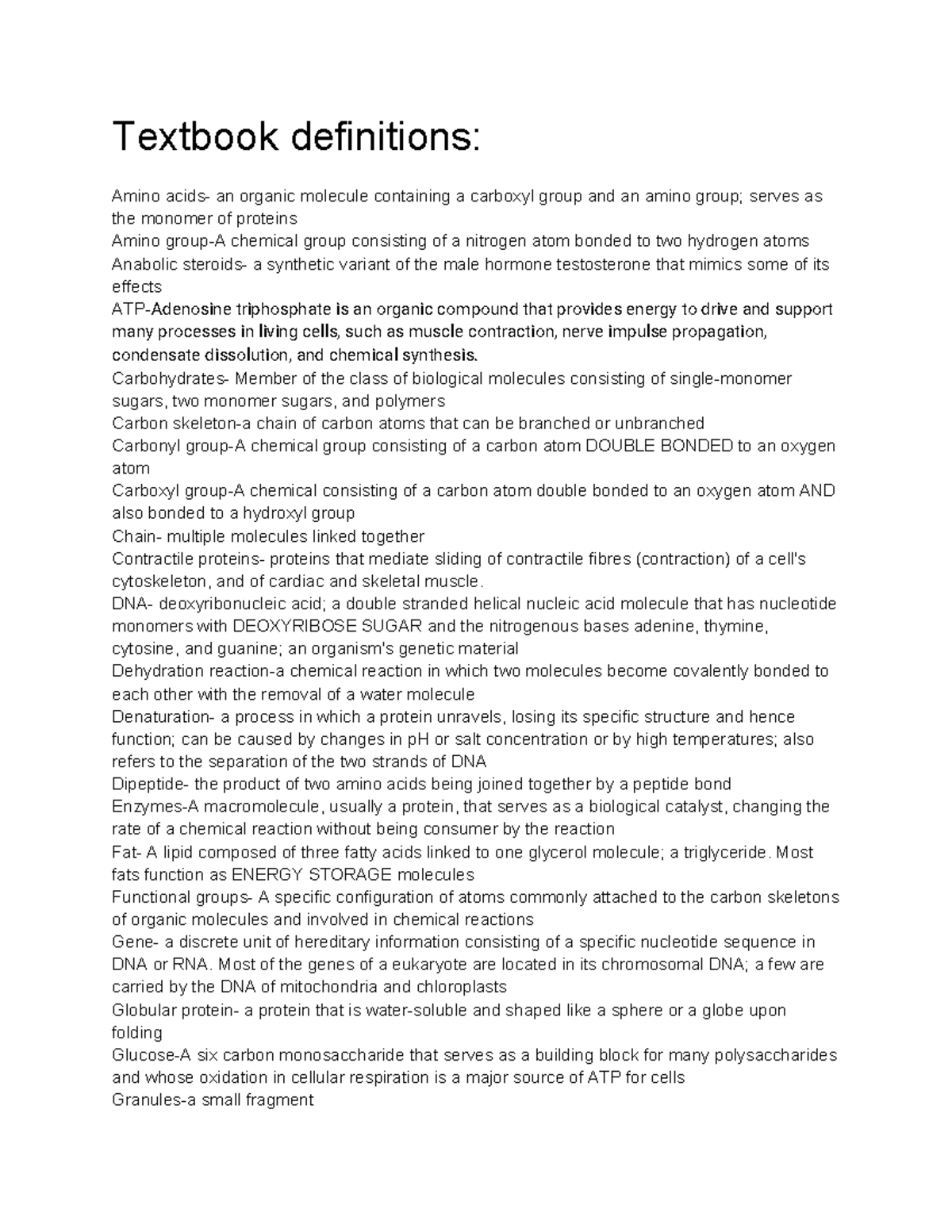 Chapter 3 Quizlit without others - Textbook definitions: Amino acids ...