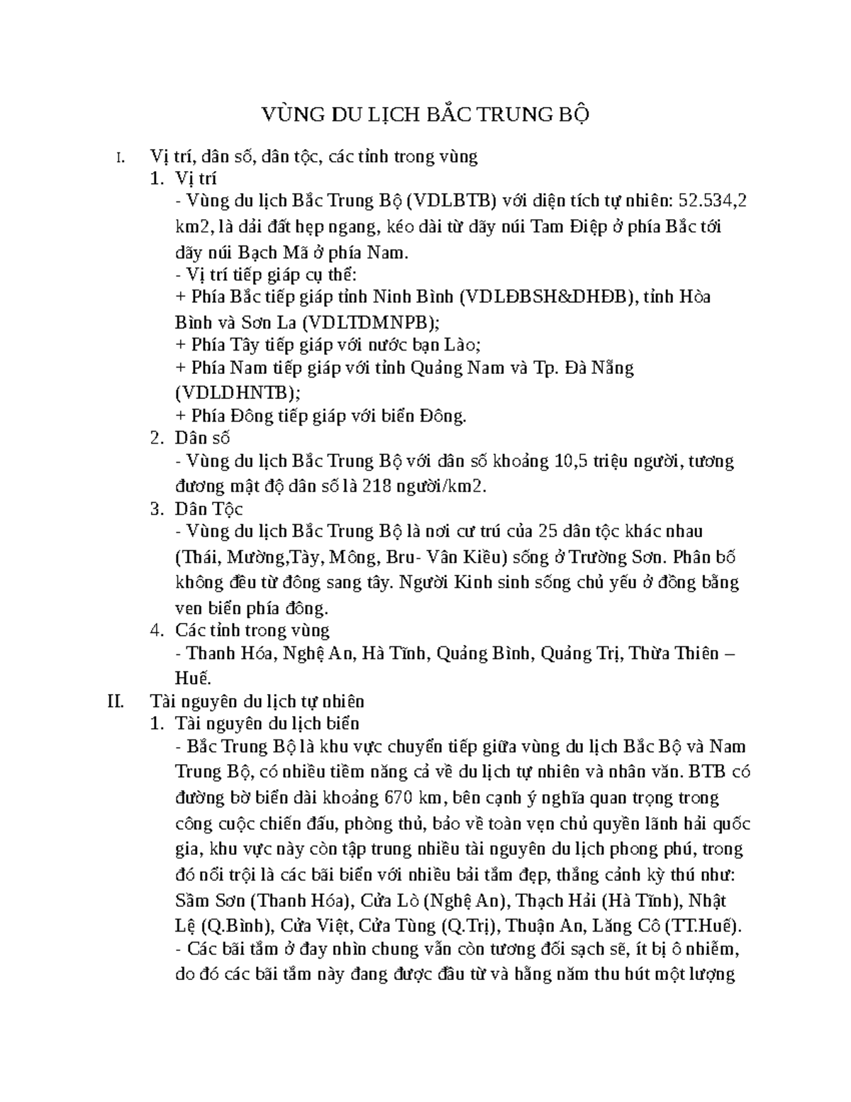 [123doc] - vung-du-lich-bac-trung-bo - VÙNG DU LỊCH BẮC TRUNG BỘ I. Vị trí, dân số, dân tộc, các - Studocu