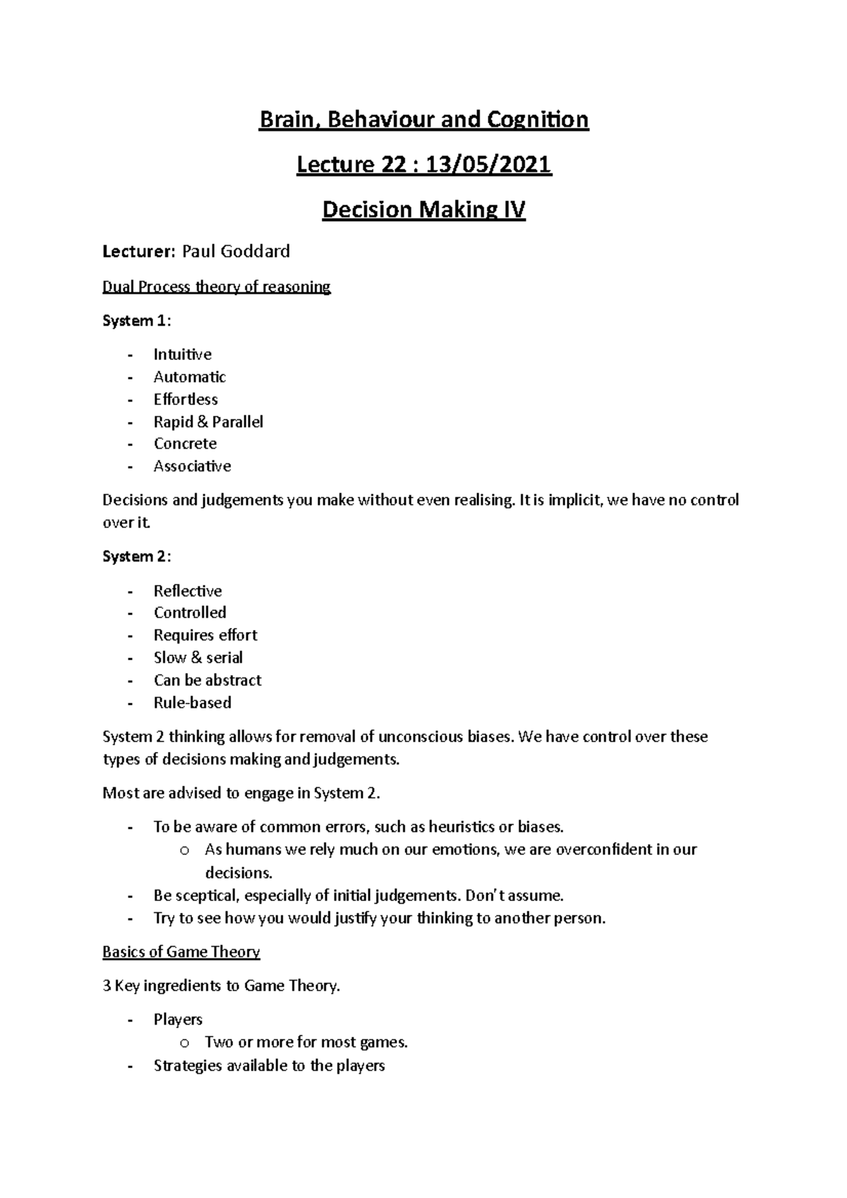 BBC - L22 - Decision Making IV - Brain, Behaviour and Cognition Lecture ...