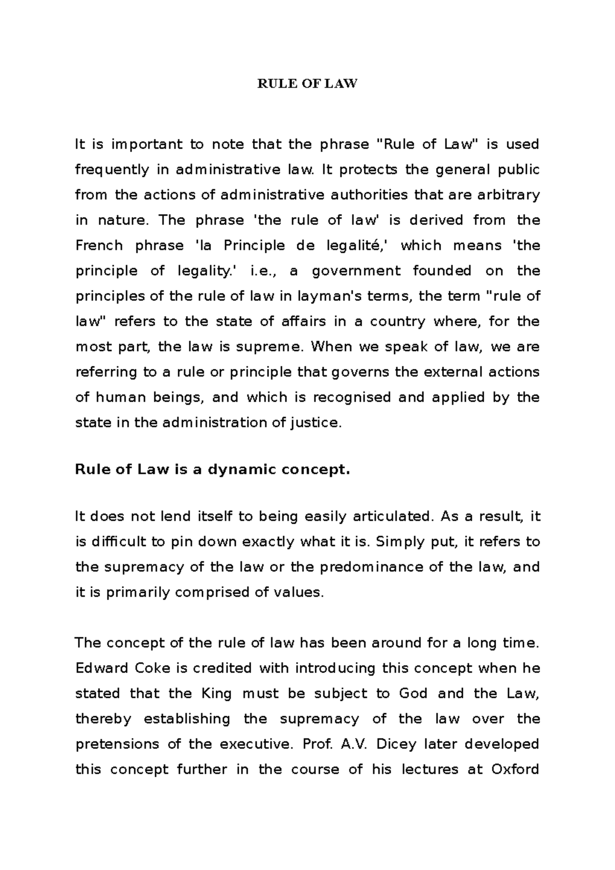 RULE OF LAW - Lecture notes 2 - RULE OF LAW It is important to note ...