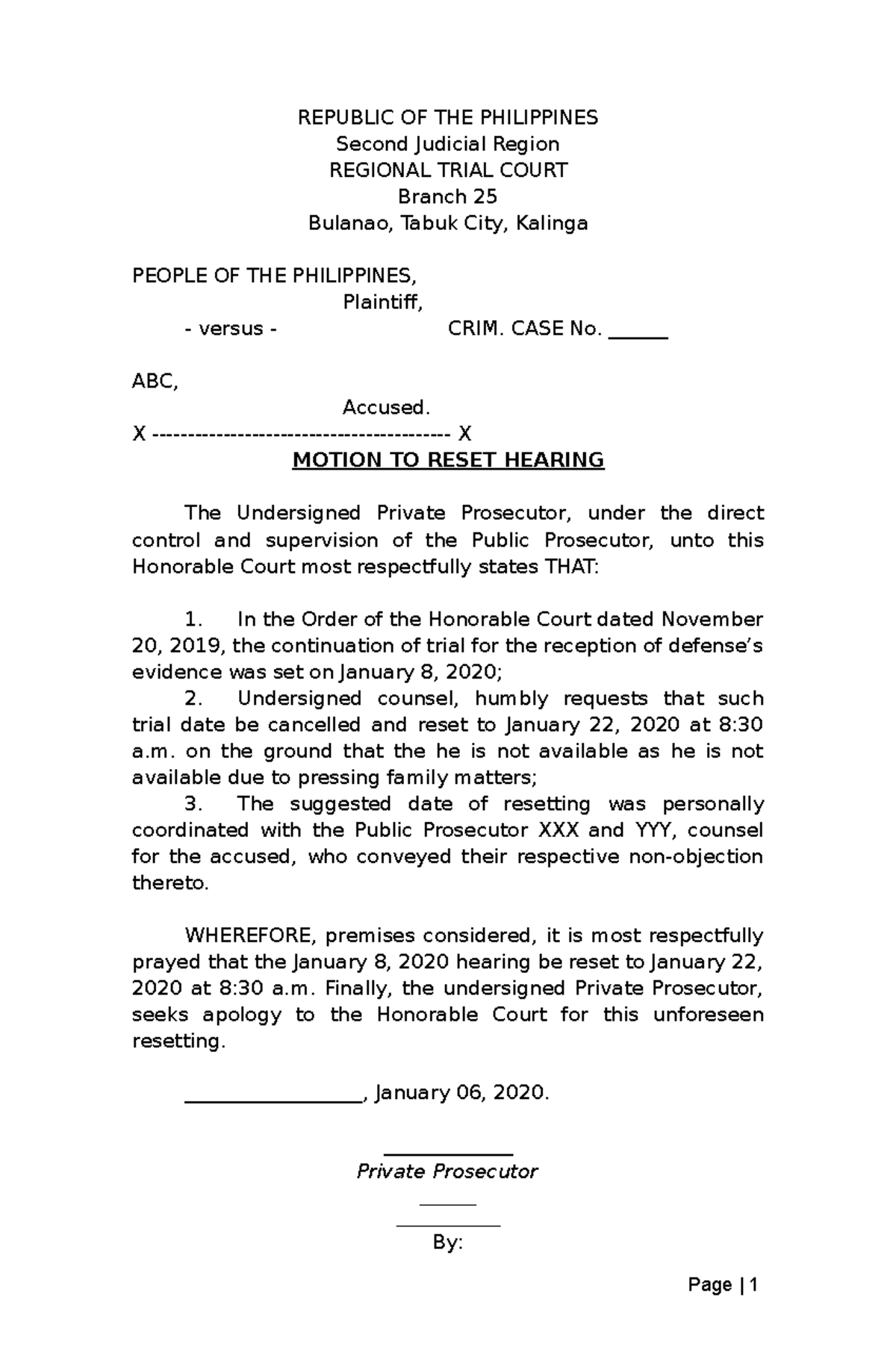 444294296 Motion to Reset Sample - REPUBLIC OF THE PHILIPPINES Second ...