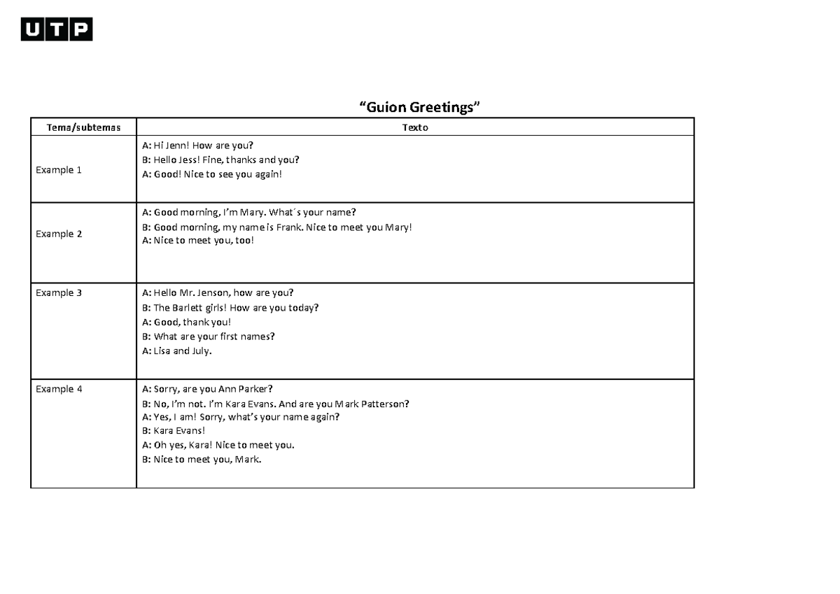 Week 1 - Transcript - Greetings - “Guion Greetings” Tema/subtemas Texto ...
