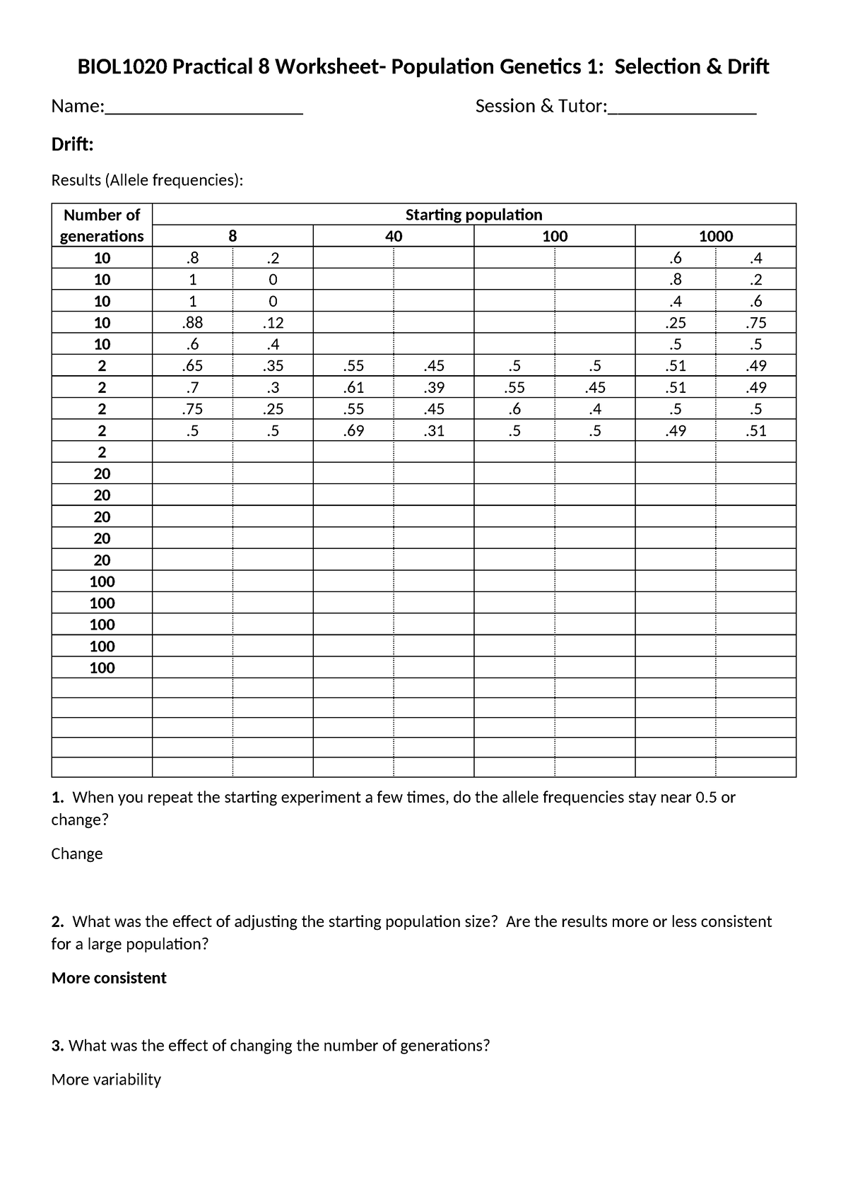 Practical 8 - Drift & Selection 1 Worksheet - BIOL1020 Practical 8 ...