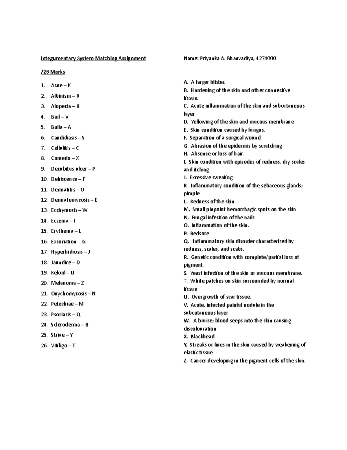 Chapter 4 Assignment - Integumentary System Matching Assignment /26 ...