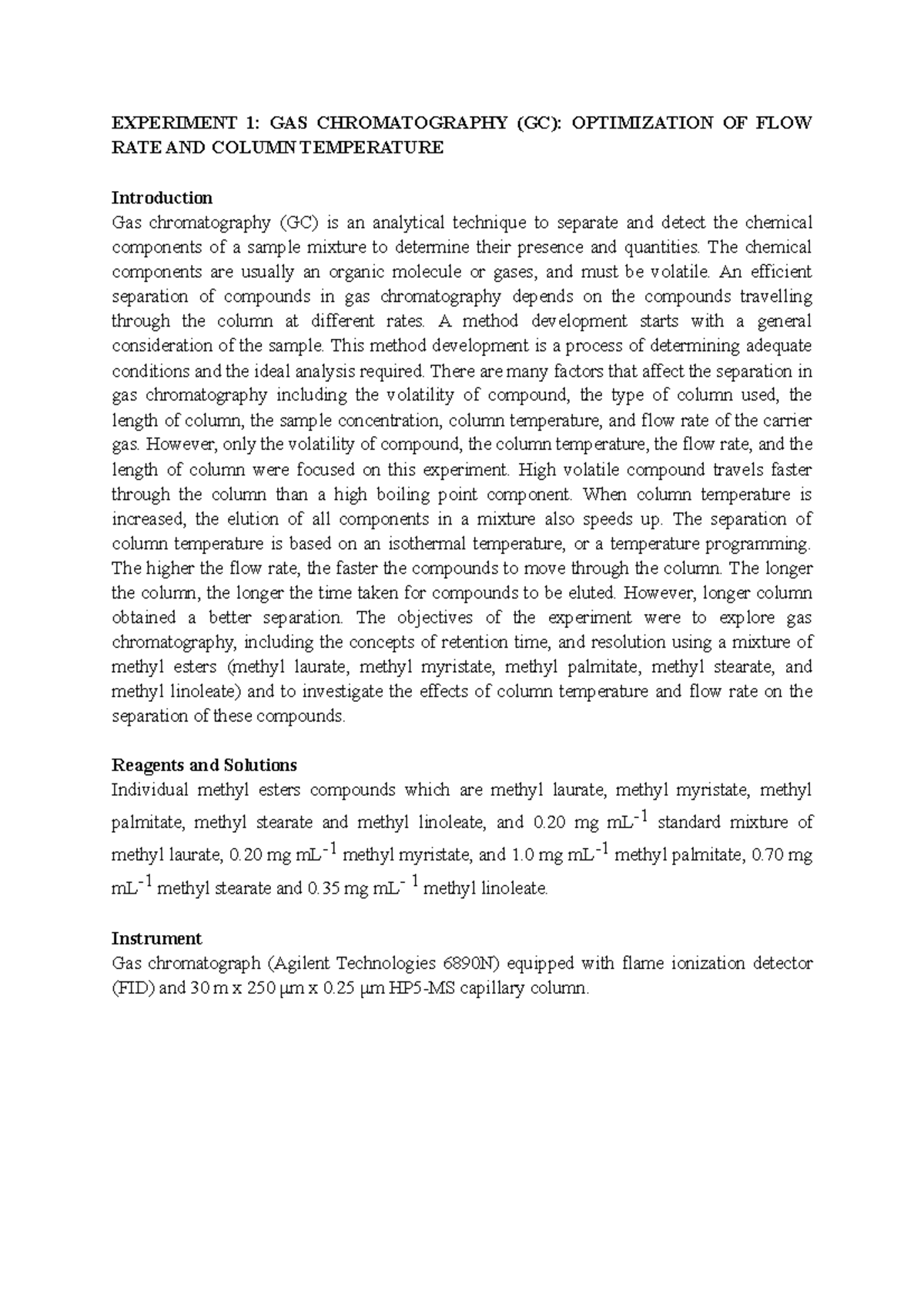 CHM510 Experiment 1 EXPERIMENT 1 GAS CHROMATOGRAPHY (GC