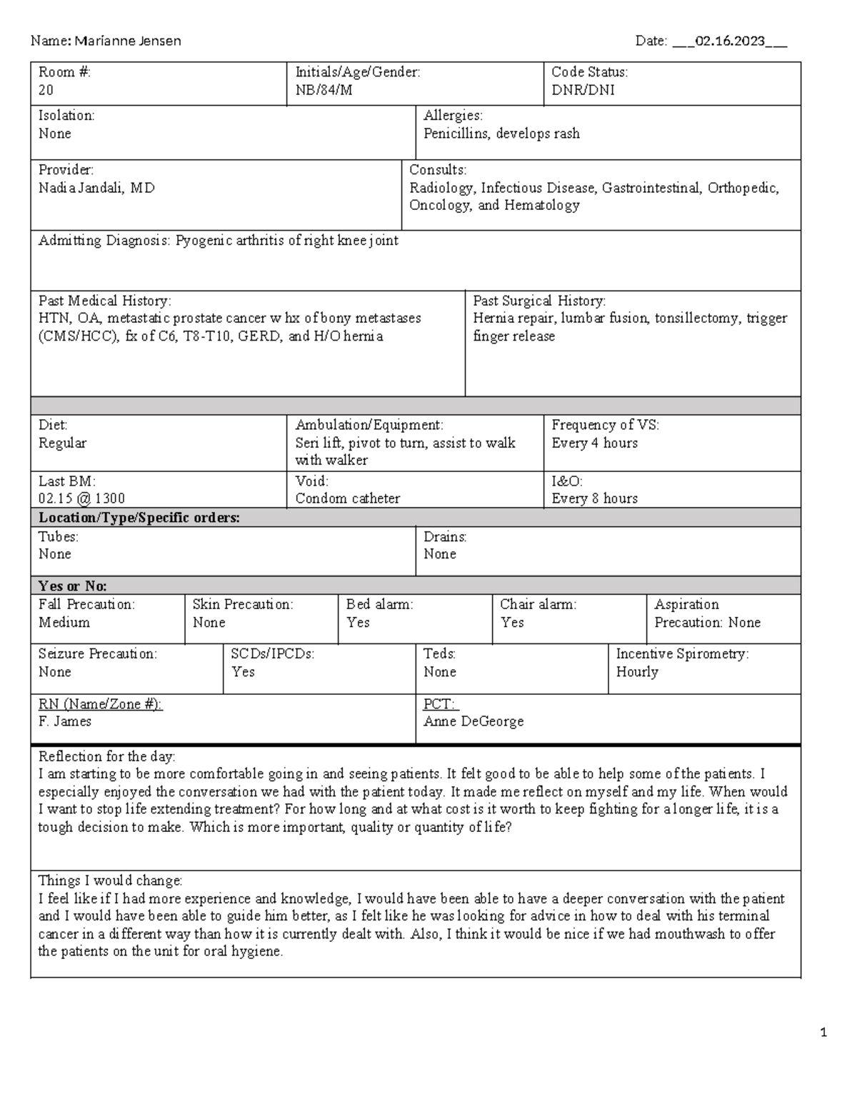 Clinical Prep1 - Name: Marianne Jensen Date: 02.16 Room #: 20 Initials ...