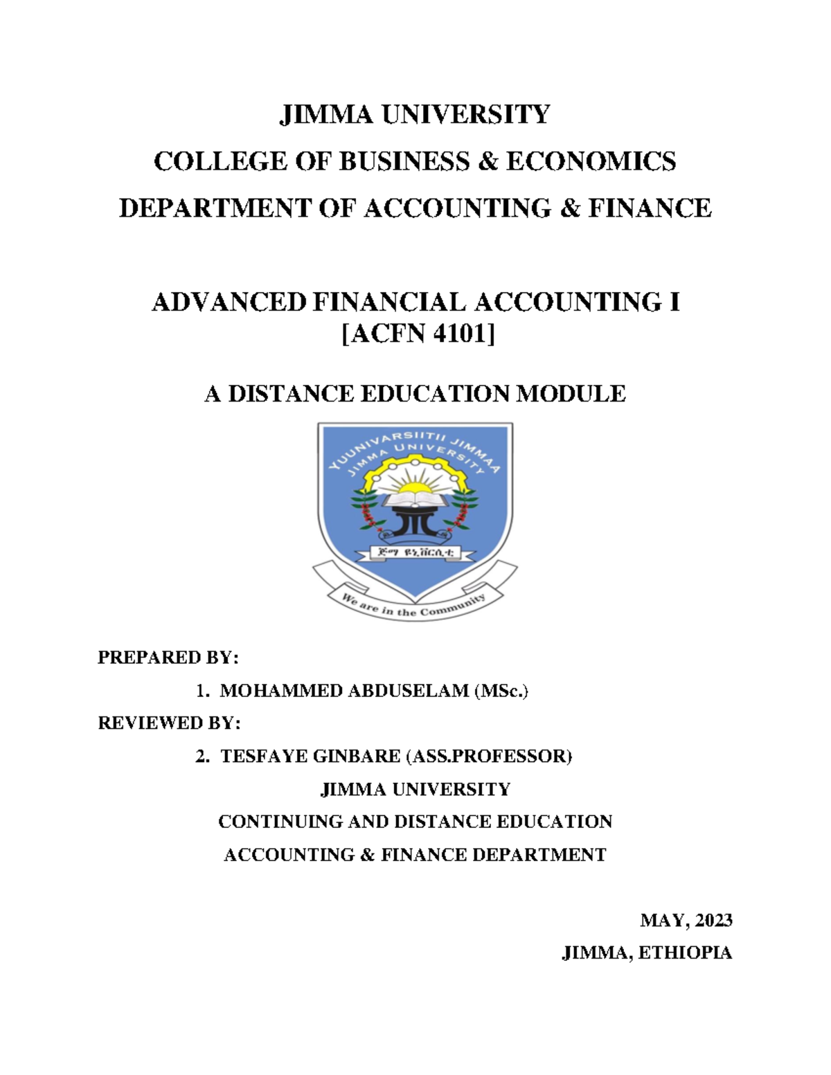 Advanced FA I Module - JIMMA UNIVERSITY COLLEGE OF BUSINESS & ECONOMICS ...