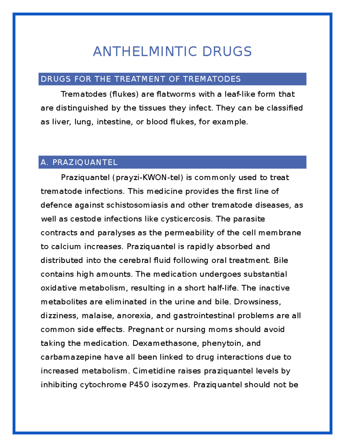 Brief NOTE ON Anthelmintic Drugs - ANTHELMINTIC DRUGS DRUGS FOR THE ...