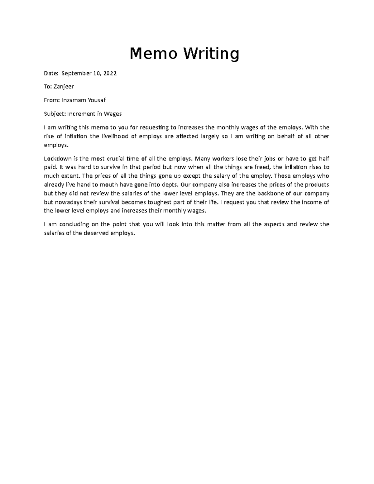 Memo - This the professional memo - Memo Writing Date: September 10 ...