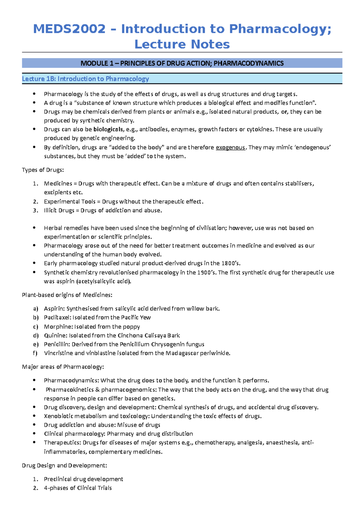 MEDS2002 Lecture Notes - MEDS2002 – Introduction to Pharmacology ...