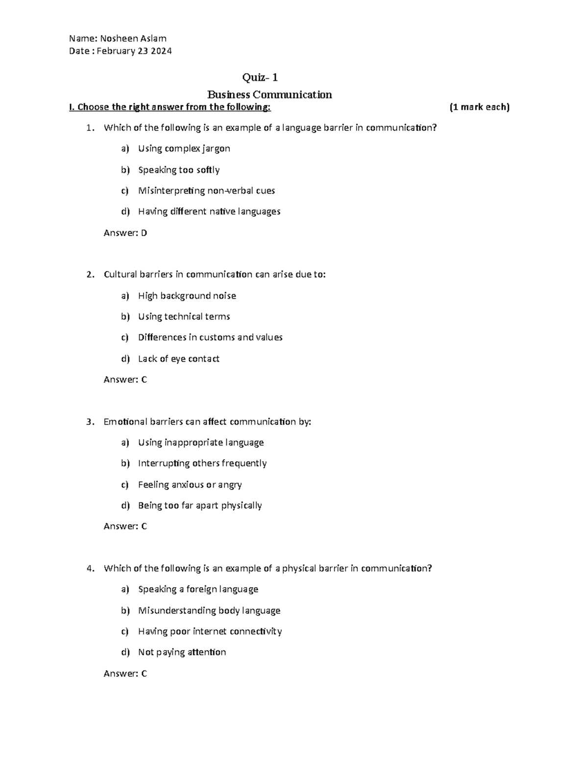 Quiz+1 - quiz 1 for laurier - Date : February 23 2024 Quiz- 1 Business ...
