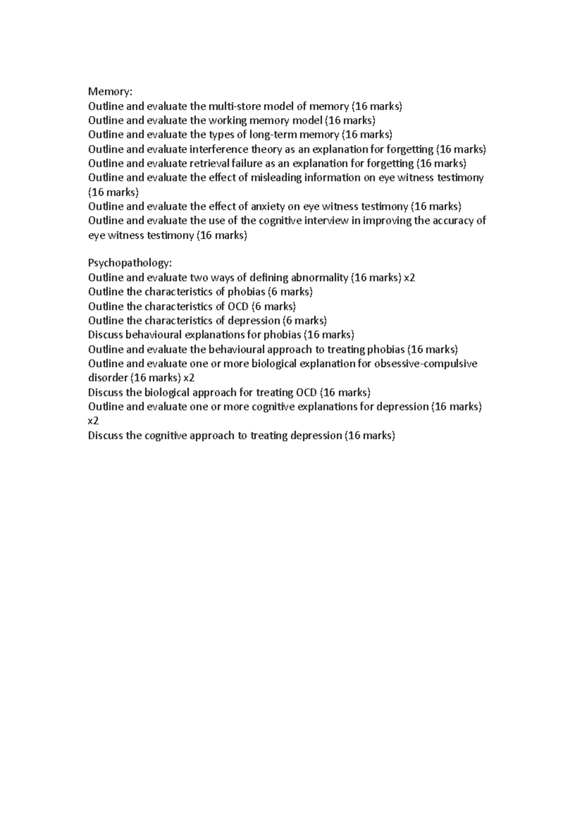 Memory 16 markers questions - Memory: Outline and evaluate the multi ...