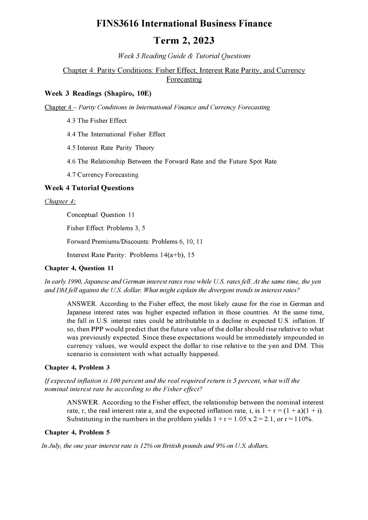 Week 3 Tutorial Solutions - FINS3616 International Business Finance ...