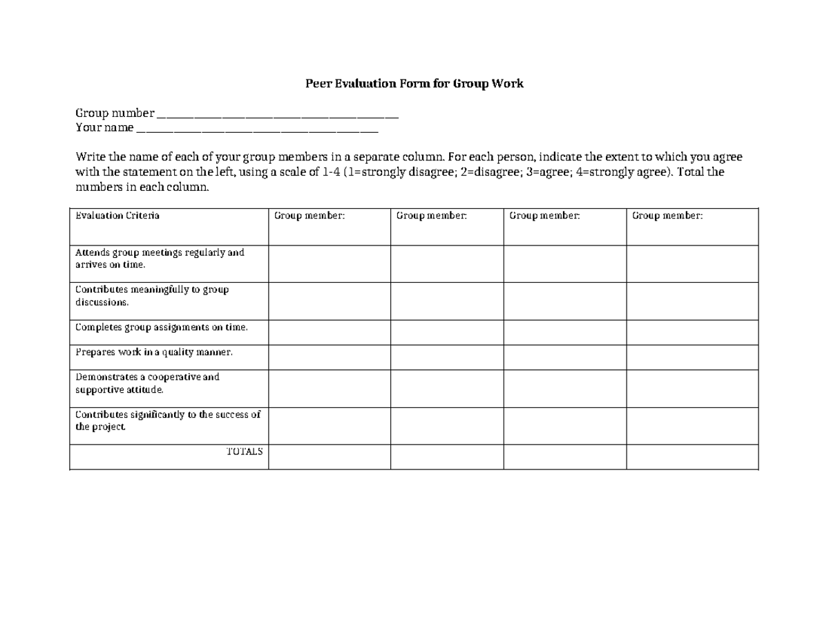 Peer Evaluation-Group-work - Peer Evaluation Form for Group Work Group ...