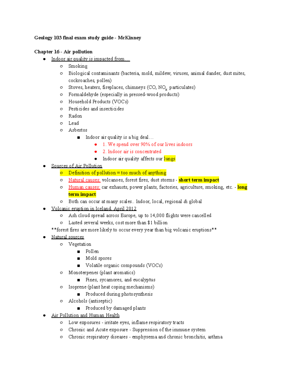 Geology 103 final exam study guide - .. Smoking Biological contaminants ...