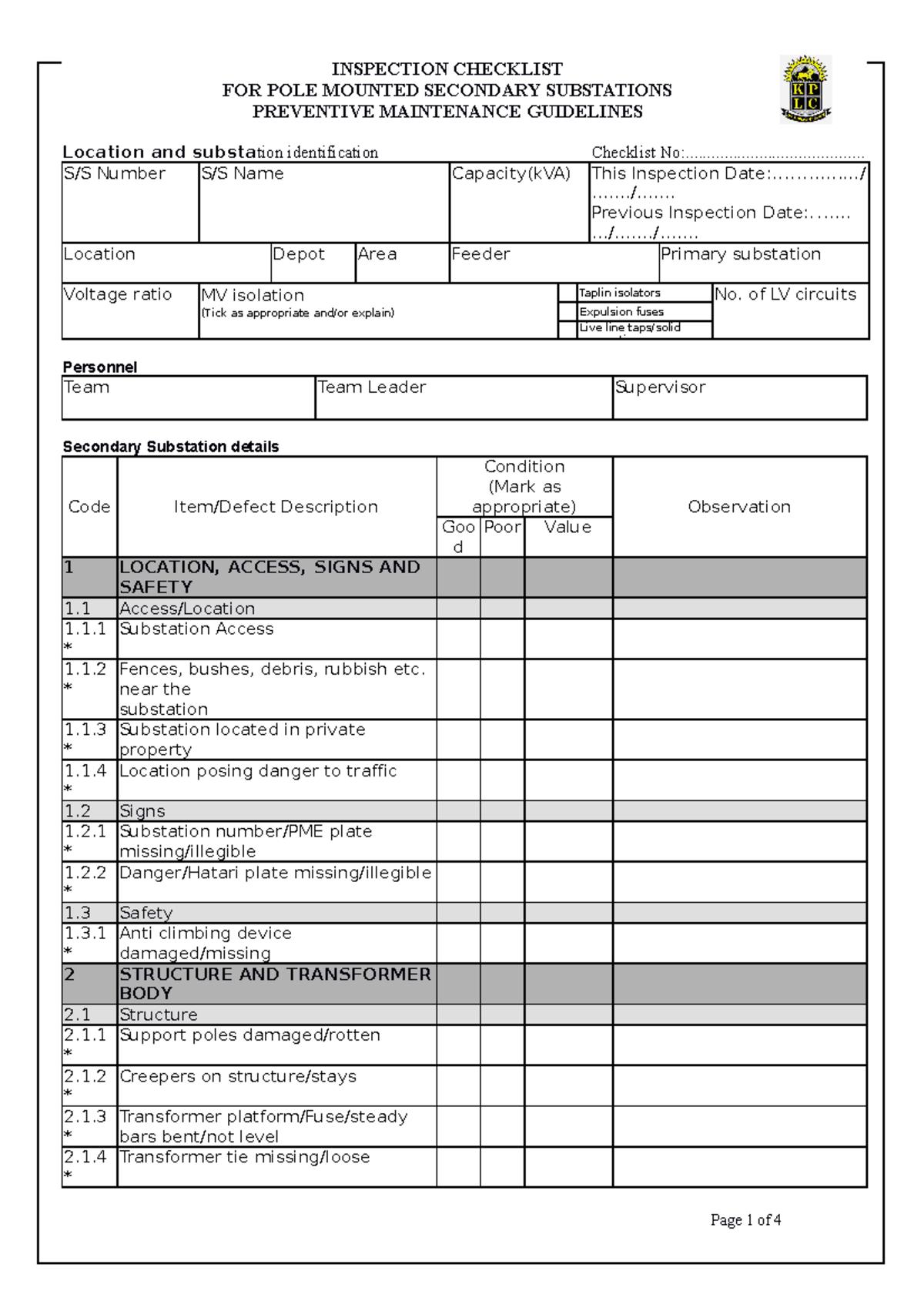 Pole Mounted Checklist FOR POLE MOUNTED SECONDARY SUBSTATIONS