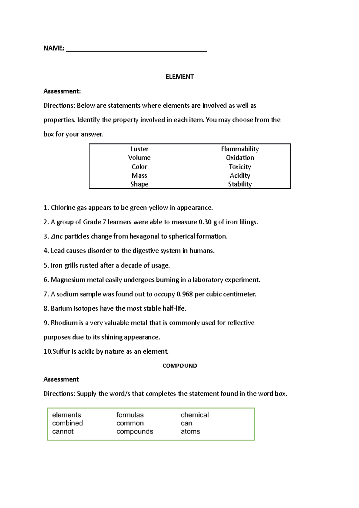 CHEM- Toturism- Answersheet - NAME ...