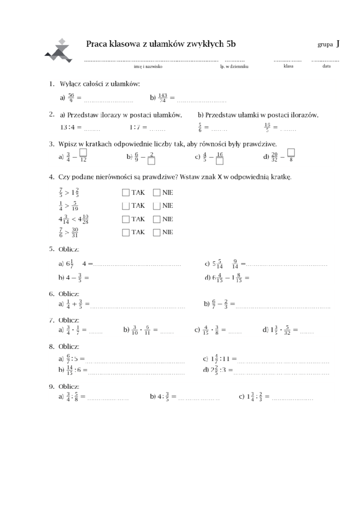 Matematyka Sprawdzian Klasa 5 Ułamki Zwykłe www.studocu.com