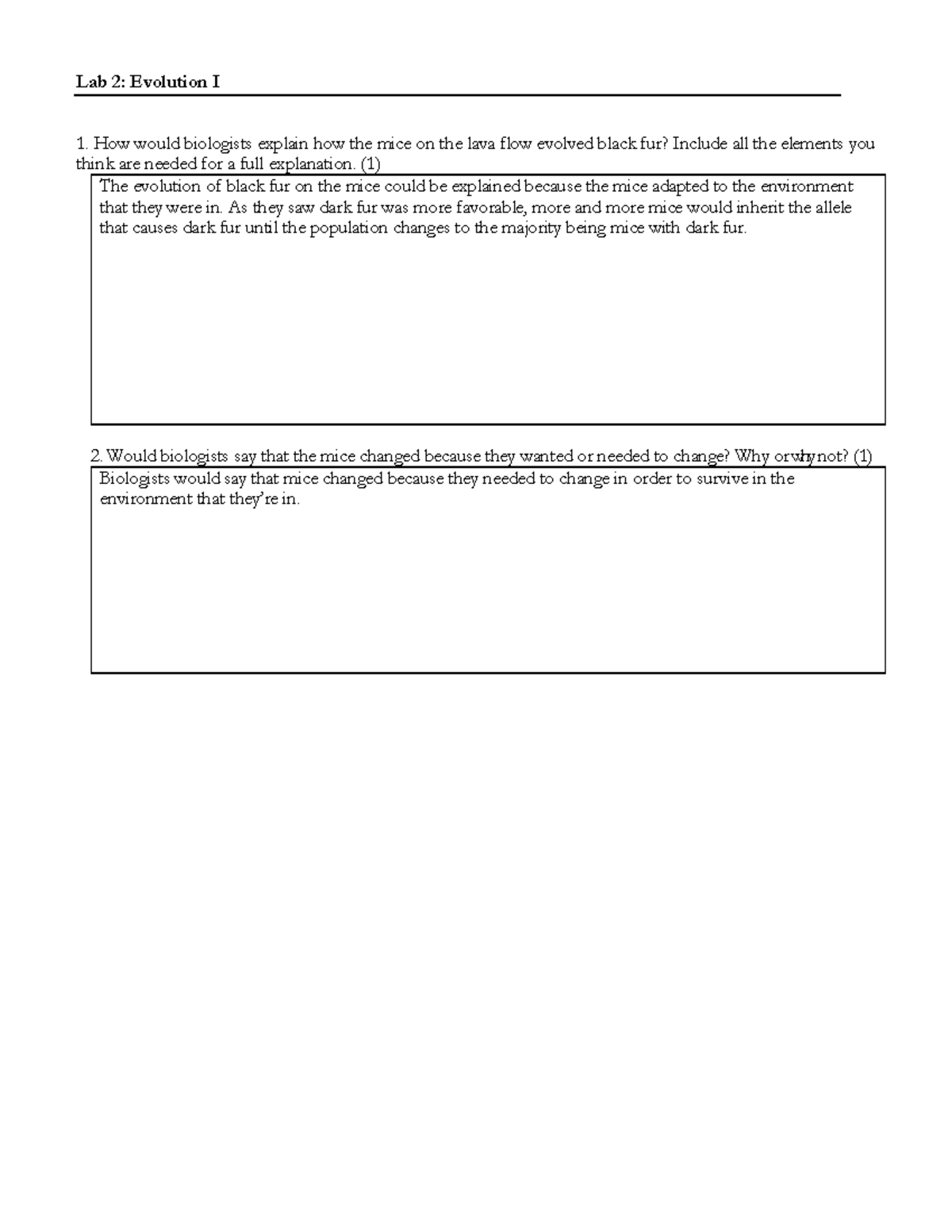 Monica Saleib Bio Lab 2 - Lab 2: Evolution I How would biologists ...