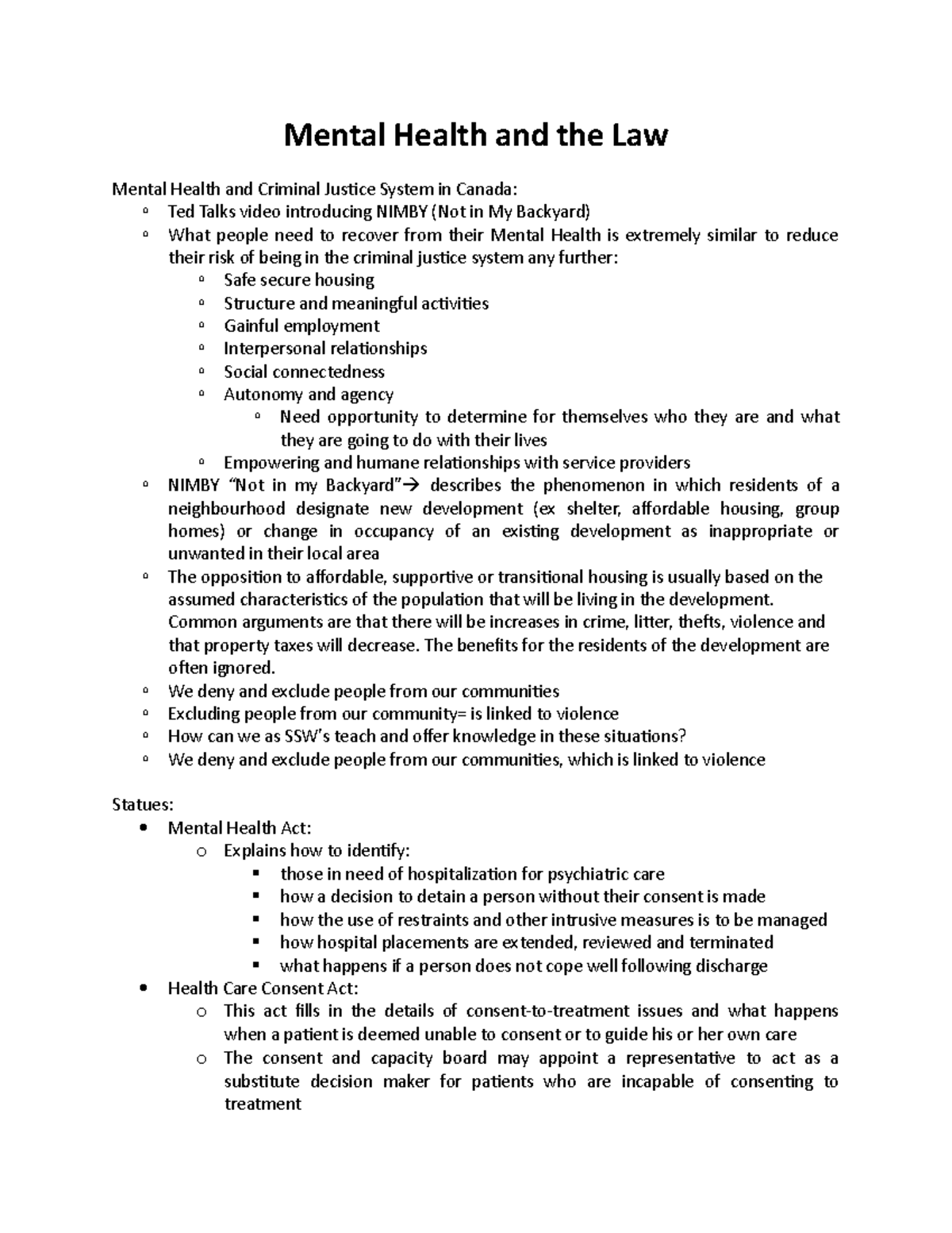 Week 9- Mental Health Law - Mental Health and the Law Mental Health and ...