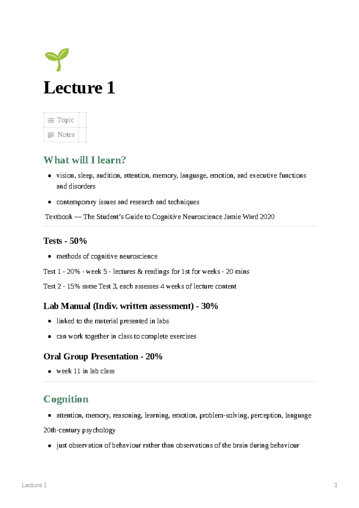 Lecture 1 - & Lecture 1 Topic Notes What will I learn? vision, sleep ...