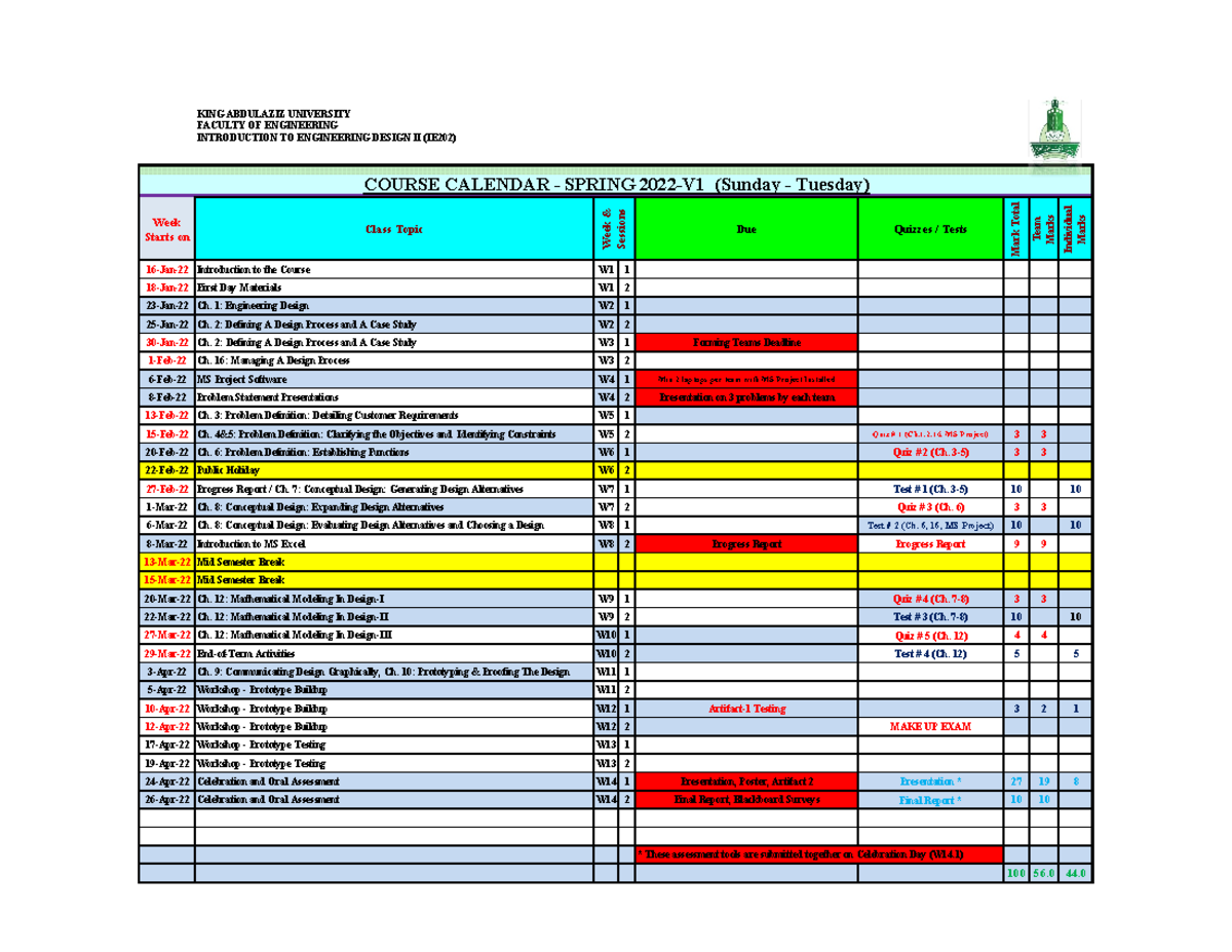 UT IE 202 Calendar ٍ Spring 2022 V2 KING ABDULAZIZ UNIVERSITY FACULTY