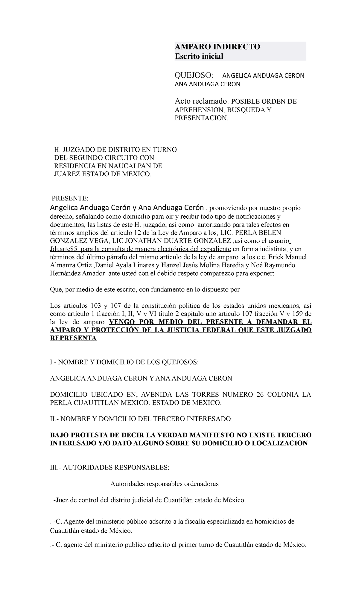 Amparo Indirecto CONTRA ORDEN DE APREHENSION - AMPARO INDIRECTO Escrito ...