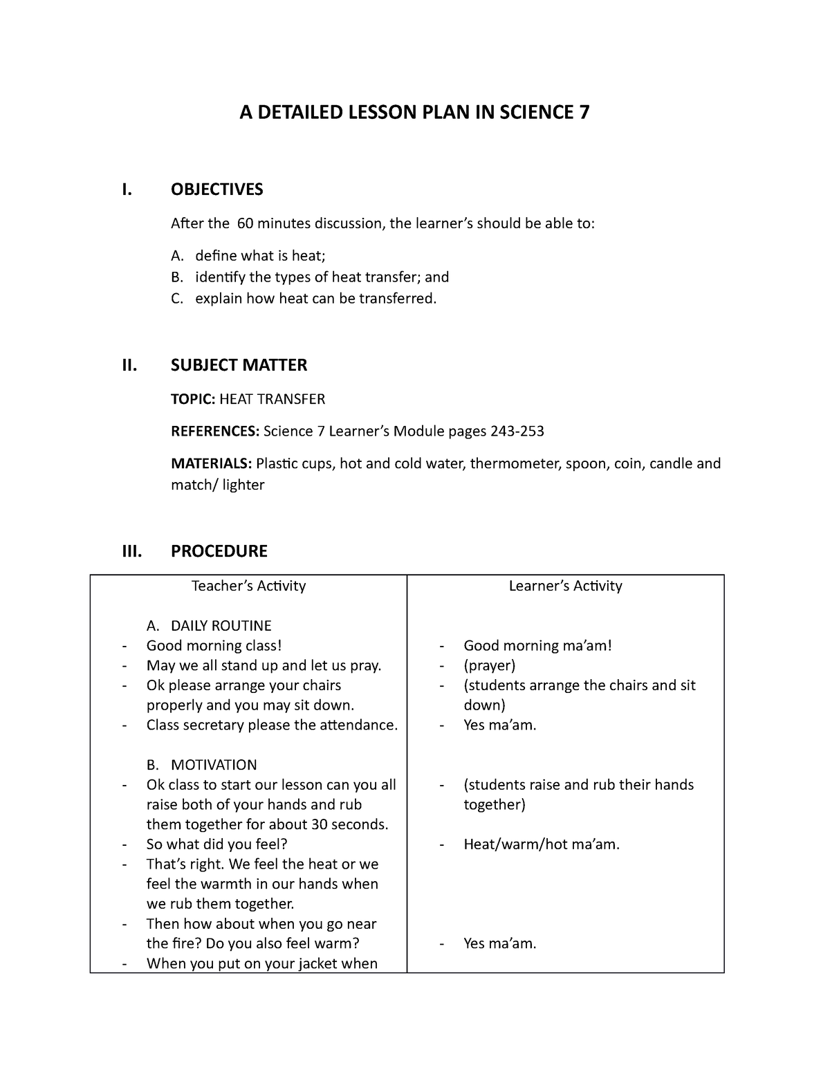 Heat Lesson Plan Edited A DETAILED LESSON PLAN IN SCIENCE 7 I 