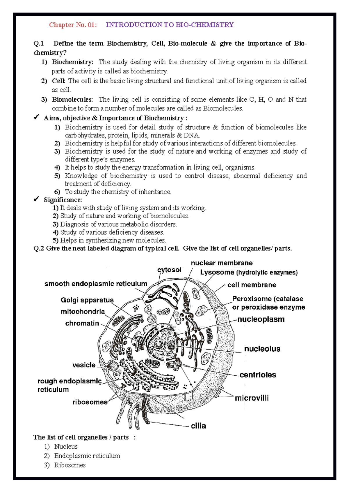 CELL AND ITS ORGANELS - Chapter No. 01: INTRODUCTION TO BIO-CHEMISTRY Q ...