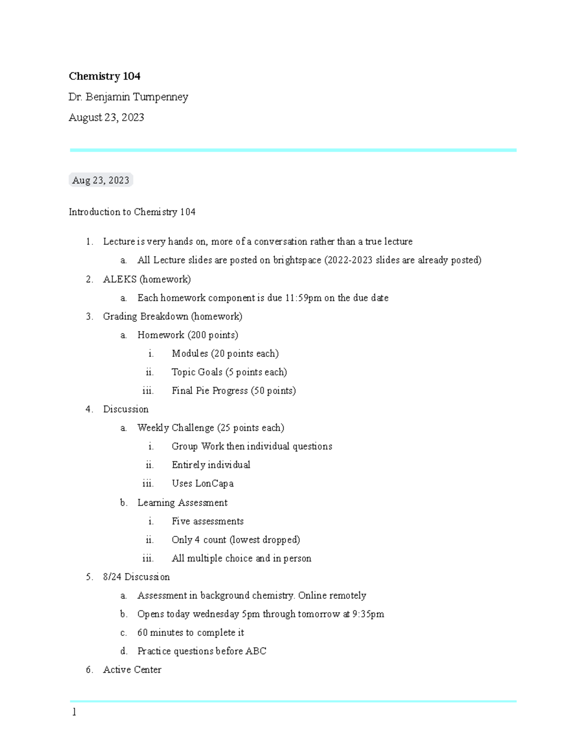 Chem 104 Notes - Fall 2023 - Chemistry 104 Dr. Benjamin Turnpenney ...