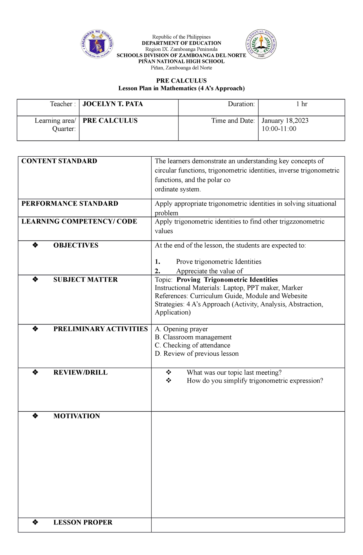 Cot Pre Cal January 182023 Republic Of The Philippines Department Of Education Region Ix 1376