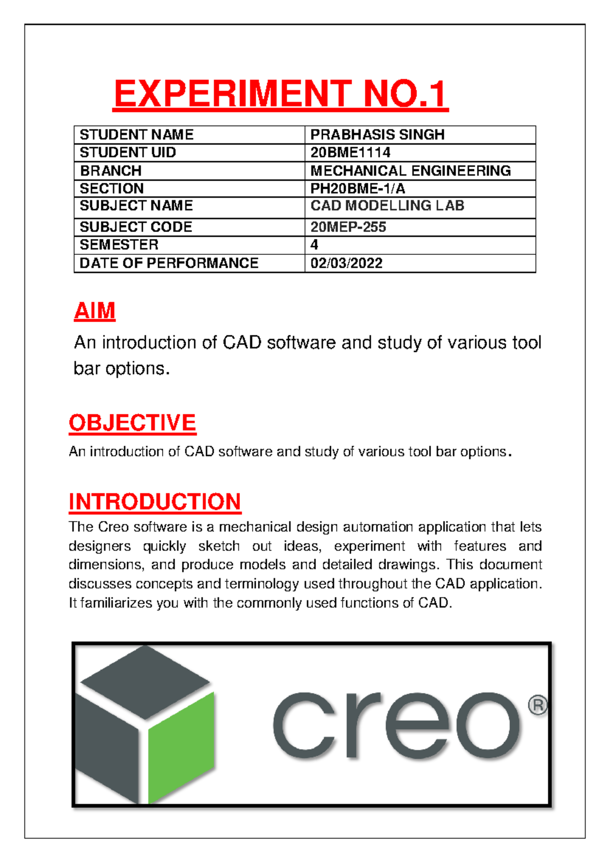 CAD LAB EXP-1 - A drawing of a component, in addition to providing ...