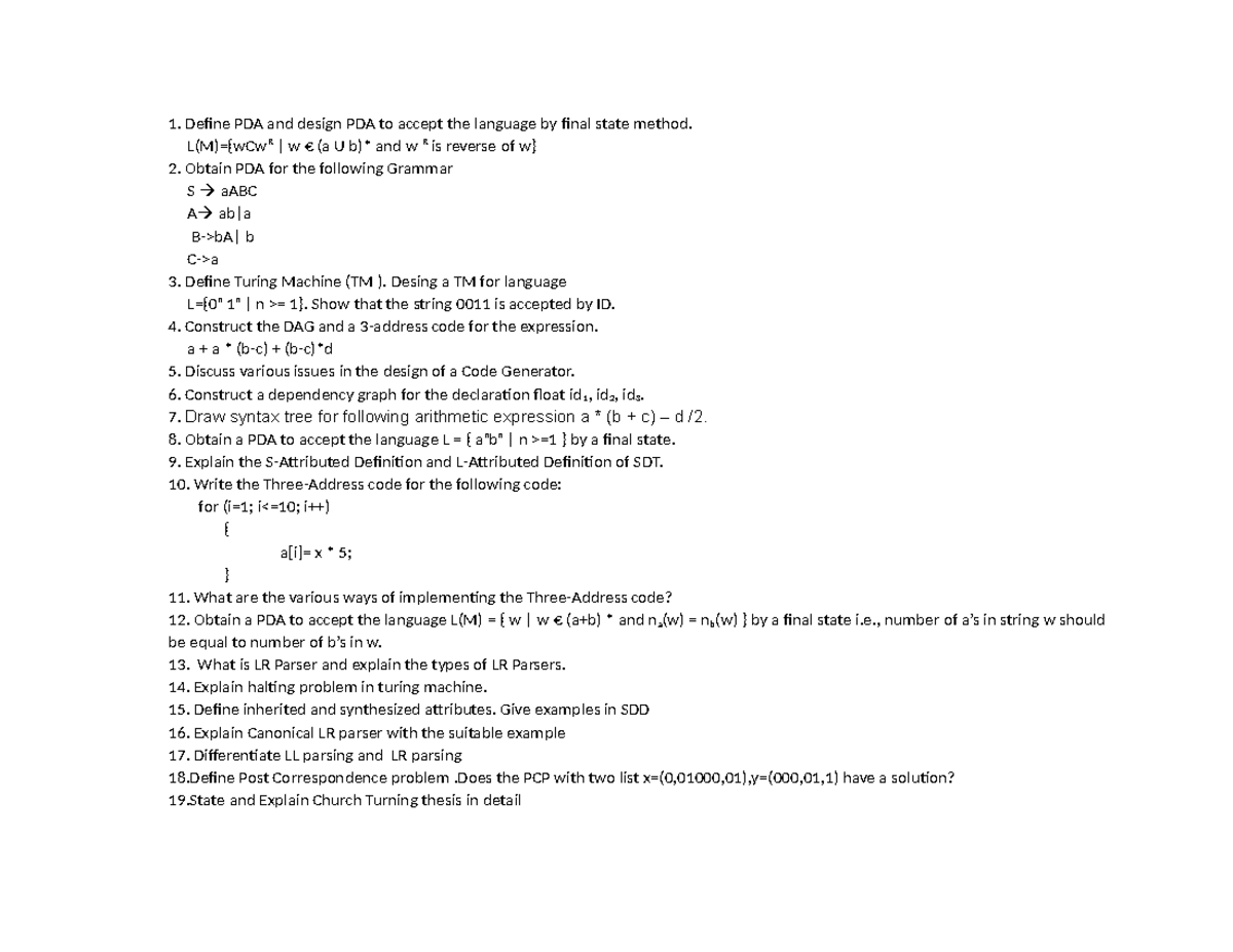 Atc question bank - Define PDA and design PDA to accept the language by ...