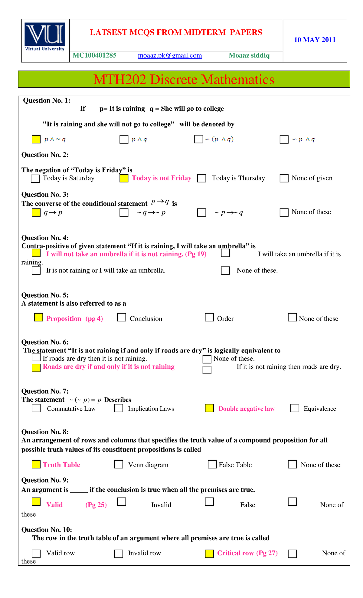 MTH202 - Midterm MCQS Solved With References By Moaaz - ####### LATSEST ...