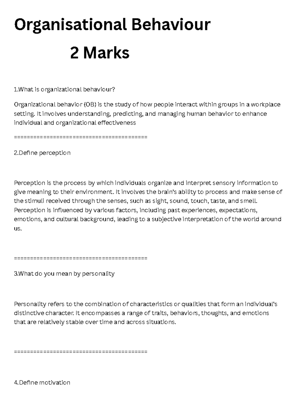 Organisational Behaviour 2 marks - It involves understanding ...