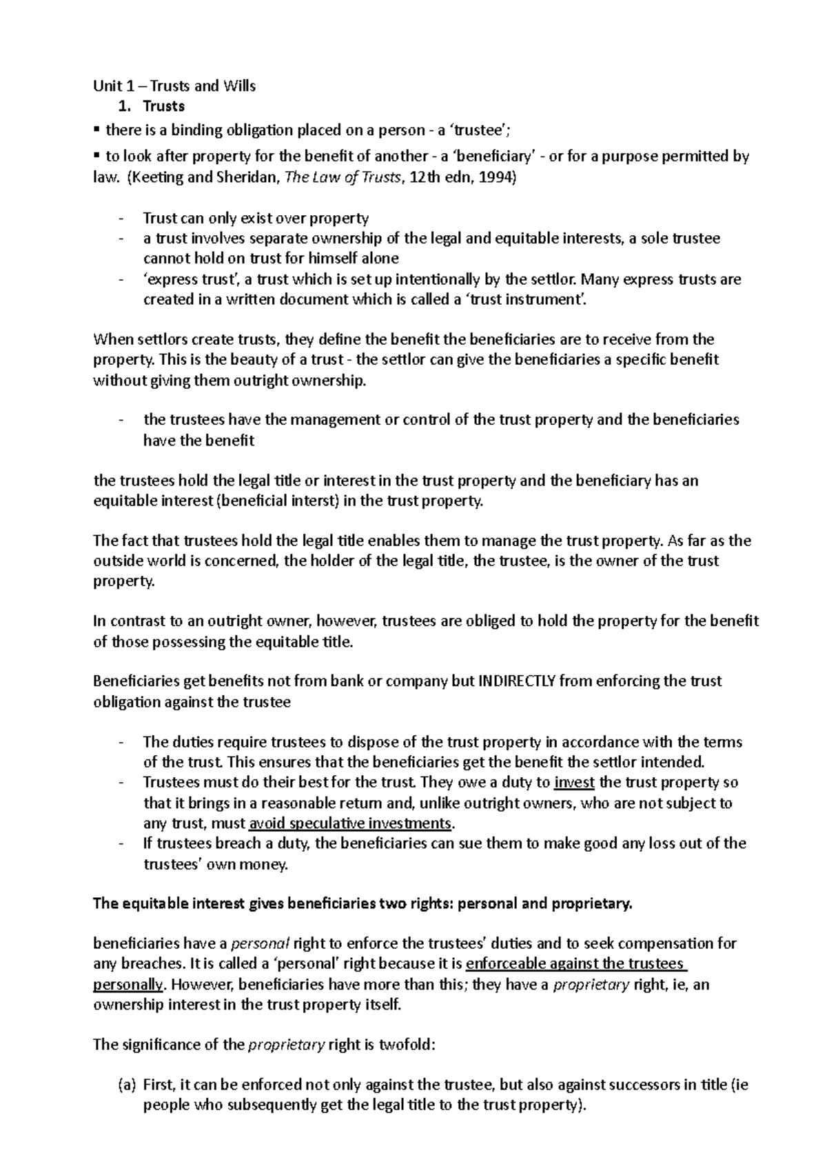 Unit 1- trusts and wills - Unit 1 – Trusts and Wills 1. Trusts there is ...