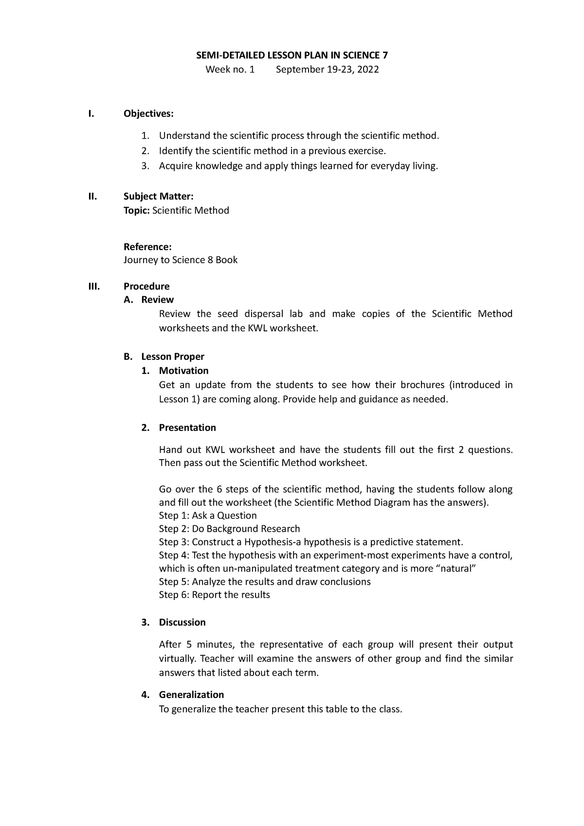 Science 7 LP1 - Lesson Plan - SEMI-DETAILED LESSON PLAN IN SCIENCE 7 ...